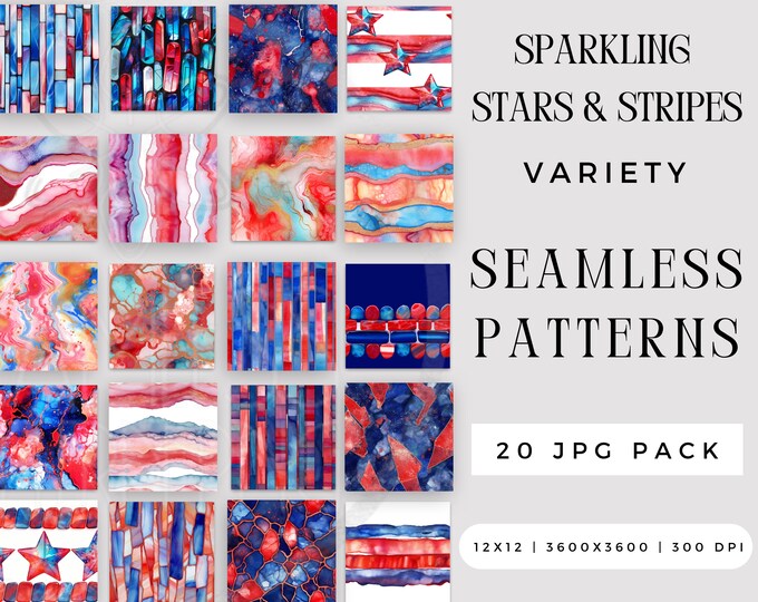 Digital Sparkling Stars & Stripes Seamless Pattern JPG Bundle, Stripe Sublimation File, Bright 4th of July Repeating Pack Commercial Use