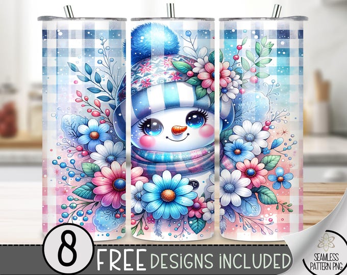 Snowman Tumbler Wrap, Xmas 20 Oz Skinny Tumbler Sublimation Design, Winter Png Tumbler Wrap, Pastel Plaid File, Cute Winter Tumbler PNG