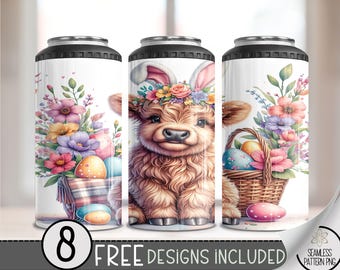 Highland Cow Easter 4 in 1 Can Cooler Wrap,Bunny Floral 4in1 Tumbler PNG,Egg Easter 16 Oz Can Cooler Sublimation Design,Seamless Floral File