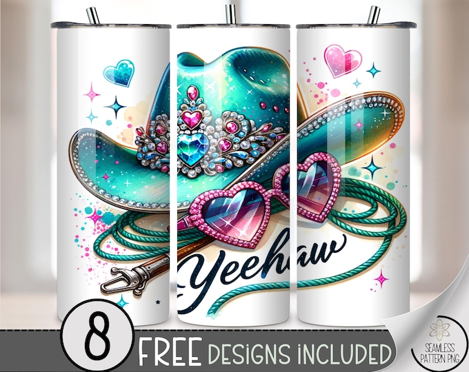 Vibrant Western Tumbler Wrap, Cowboy Hat and Lasso File, Fun Rhinestone Printable Yeehaw Sublimation Design, 20oz Tumbler Cowgirl Style A459