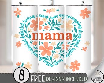 Mama Heart Tumbler Wrap PNG, 20oz Skinny Floral Tumbler Design, Boho Mom Life PNG, Mother's Day Sublimation for Tumblers, A249