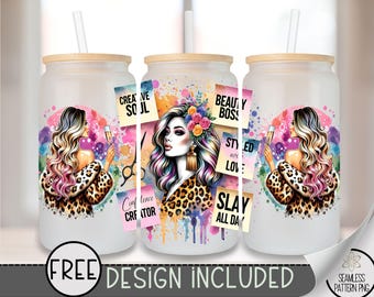 Hairstylist Glass Wrap, Hairdresser Affirmation 16 Oz Glass Can Wrap PNG, Salon Glass Can Sublimation Wrap Design, Beauty Boss Glass, A197