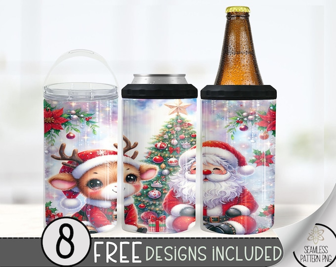 Christmas Reindeer Hard Can Cooler Design, Xmas 16oz Slim Can Cooler PNG, Holiday 4in1 Can Cooler Tumbler Wrap, Cute Winter Stubby Can Wrap