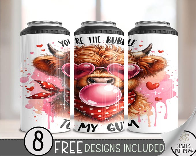Highland Cow Valentine 4in1 Can Cooler Wrap, Winter Sublimation Design, Vday 16 Oz Slim, Cute 4 in 1 Tumbler PNG,Valentines 16 Oz Can Cooler