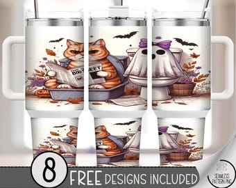 Halloween Cat and Ghost Tumbler Wrap, Printable Fall Sublimation Design, Spooky Cute Animals, 40oz Coffee Cup Wrap, Digital Download, A432