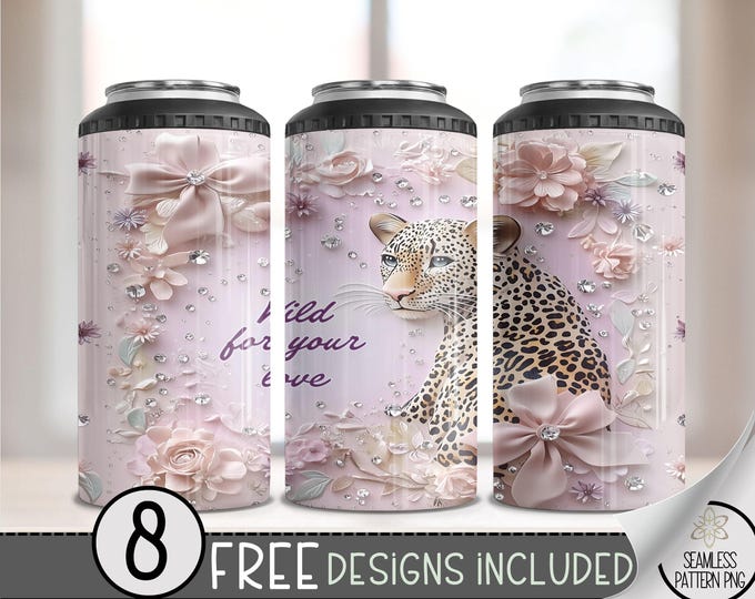 Valentine's Day love 4 in 1 Can Cooler Wrap, Leopard 4in1 Tumbler PNG,  Cheeta 16 Oz Can Cooler Sublimation Design, Wild For Love 4in1 Wrap