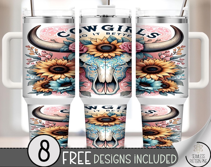 Rustic Cowgirl Skull and Sunflowers 40 oz Tumbler Wrap, Vintage Floral 40oz Sublimation Design, Western Boho Style Digital Download A451