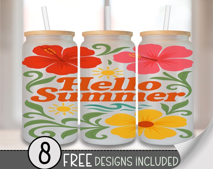 Hello Summer Glass Can Wrap PNG, Retro Floral 16oz Cup Design for Sublimation, DTF or Uv Dtf, Bright Tropical Summer Quote PNG A246