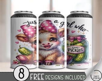 Just A Girl Who Loves Pickles 4in1 Can Cooler Wrap: Playful Highland Cow and Pickles Sublimation Design (Digital Download) A482