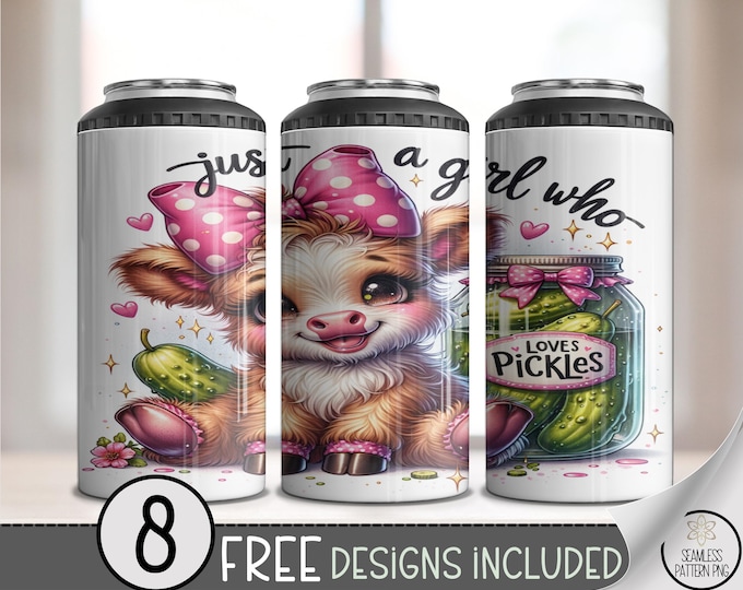 Just A Girl Who Loves Pickles 4in1 Can Cooler Wrap: Playful Highland Cow and Pickles Sublimation Design (Digital Download) A482