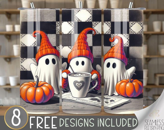 Cute Halloween Tumbler Wrap, Retro Halloween Tumbler Wrap, Checkered Ghost Coffee 20oz Skinny Tumbler Sublimation, Cute Ghost Tumbler PNG