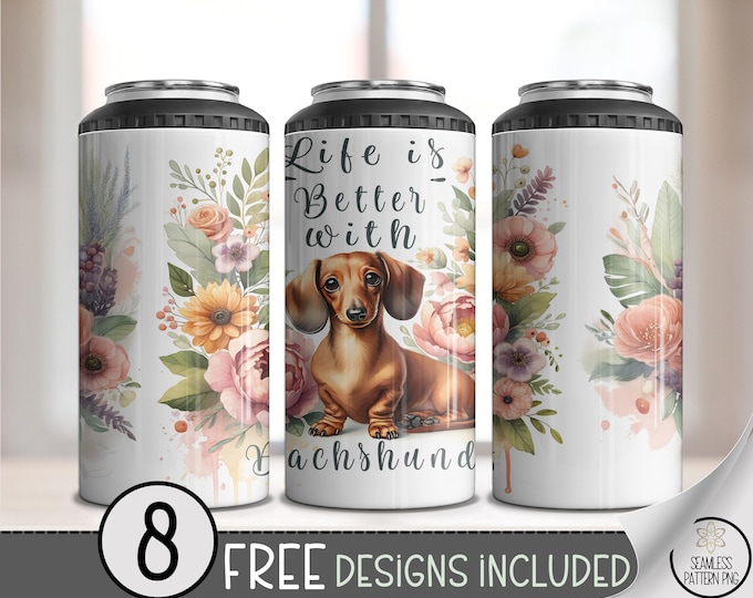 Dachshund 4-in-1 Can Cooler Wrap PNG, Floral Dog Sublimation Design, 16 oz Pet Lover Skinny Can Wrap for Dog Moms, Wiener Dog Wrap PNG A264