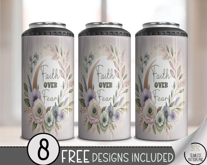 4in1 Faith Over Fear Can Cooler Wrap PNG, 4-in-1 Sublimation Design, Religious Soft Watercolor Flowers, Christian Inspirational Wrap, A322