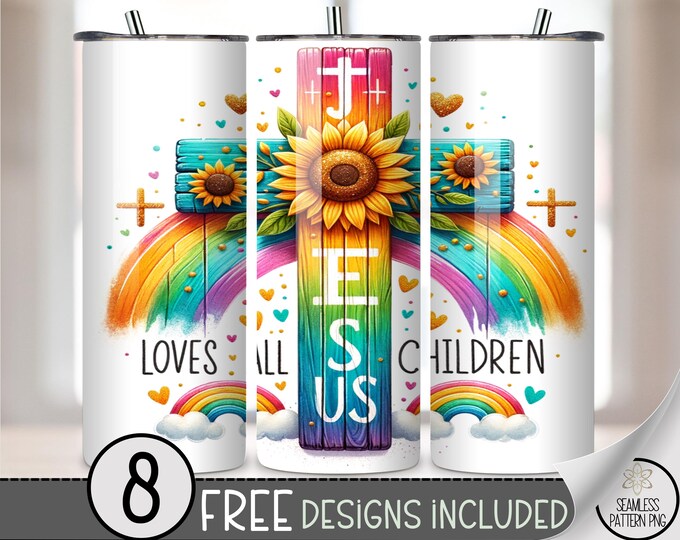 Colorful Jesus and Sunflower 20oz Tumbler Wrap, Inspirational Rainbow Design, 20 oz Printable Sublimation Art A461