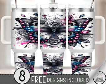 Galaxy Butterfly 40oz Tumbler Wrap PNG, Cosmic Jewels and Black Roses Sublimation Design, Pink and Blue Feminine Wrap, A324