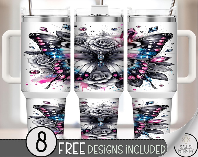 Galaxy Butterfly 40oz Tumbler Wrap PNG, Cosmic Jewels and Black Roses Sublimation Design, Pink and Blue Feminine Wrap, A324