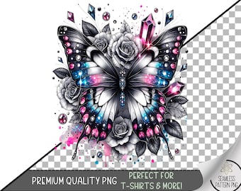 Galaxy Butterfly Sublimation PNG, Jewels and Black Rose Clipart, Feminine Cosmic Design for Tumblers and Shirts, Instant Download, A324