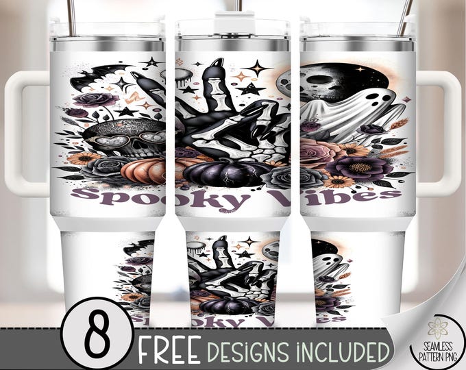 40oz Spooky Vibes Tumbler Wrap, Gothic Halloween PNG, Skeleton Hand Ghost and Skull Design, Floral Dark Fall Sublimation Wrap, A374