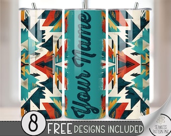 Add Your Own Name Bright Southwestern Tumbler Wrap, 20 oz Western Tumbler File, Digital Aztec Tumbler Wrap Design Download, Boho Cowgirl