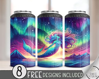 Mermaid 4 in 1 Can Cooler Wrap, Northern Lights 4in1 Tumbler PNG, Aurora Borealis 16 Oz Can Cooler Sublimation Design,Celestial Fantasy File