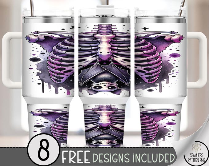 40oz Tumbler Wrap Skeleton Bat Design, Pastel Goth Ribcage PNG, Spooky Cute Purple Sublimation, Creepy Halloween Wrap, A384