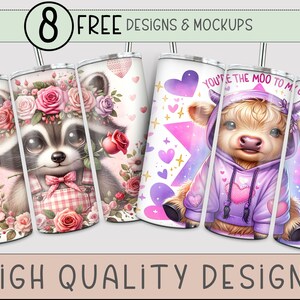 8 free high quality designs and mockups included. For the month of December 2 of those designs are 1. a Valentine's day design with a raccoon. 2. A cute highland cow in a sweatshirt with the words "You're the moo to my crew".