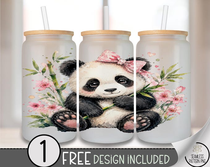 Baby Panda Pink Bow, Cherry Blossom Glass Can Wrap, Cute Animal Sublimation Design, Digital Download, B10494