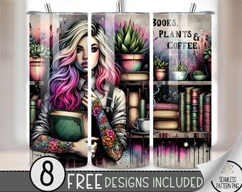 Books, Plants & Coffee Lover, Crazy Plant Life Seamless Librarian Tumbler Wrap 20 oz Skinny Tumbler Sublimation Digital PNG Design Book Girl