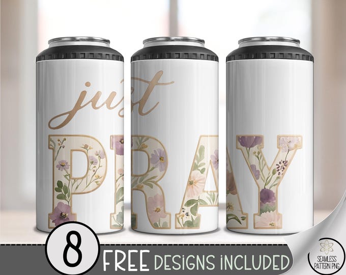 Just PRAY 4-in-1 Can Cooler Wrap, Inspirational Sublimation Design, Farmhouse Themed 16 oz 4-in-1 File, Cozy Design, B10032