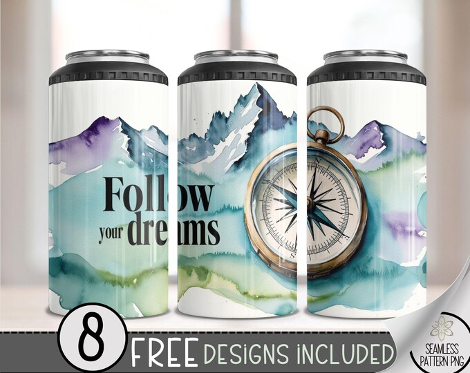 Compass with Mountains Range 4 in 1 Can Cooler Wrap, Adventure Follow Your Dreams 4in1 PNG, Travel Wanderlust  16 Oz Can Sublimation Design