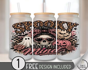 Halloween Skull Glass Can Wrap, Spooky State of Mind 16oz Tumbler Sublimation Design, PNG File, Digital Download, B10505