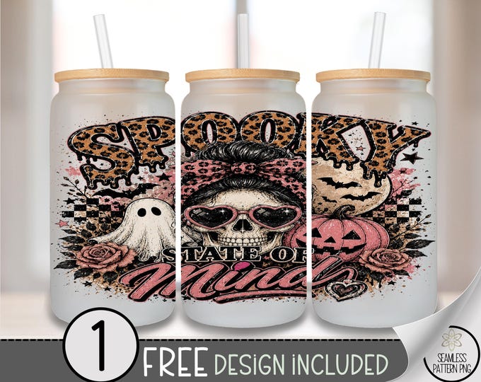 Halloween Skull Glass Can Wrap, Spooky State of Mind 16oz Tumbler Sublimation Design, PNG File, Digital Download, B10505