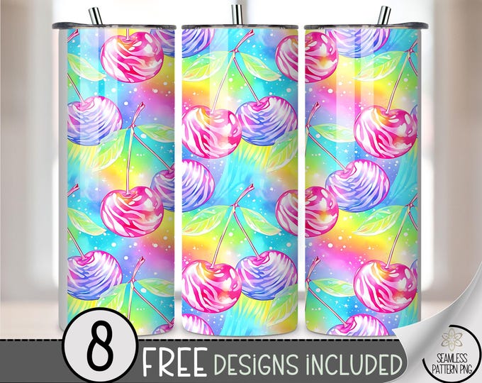 Rainbow Cherry PNG, Seamless 20 oz Tumbler Wrap, Y2K Sublimation Design, Digital Download, B938