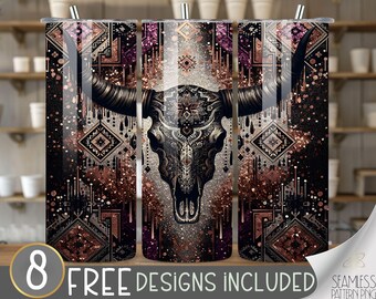 Western Skull Tumbler Wrap, 20 oz Tumbler Sublimation Designs, Country Tumbler Wrap, Boho Cowgirl Tumbler, Country Girl Tumbler