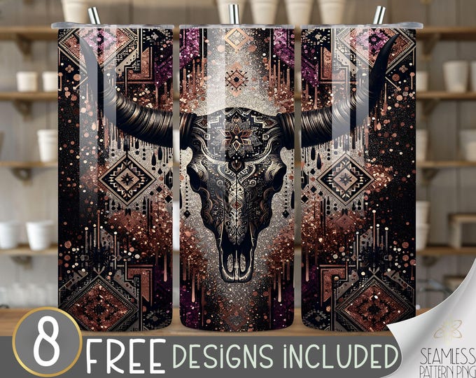 Western Skull Tumbler Wrap, 20 oz Tumbler Sublimation Designs, Country Tumbler Wrap, Boho Cowgirl Tumbler, Country Girl Tumbler