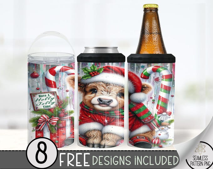 Highland Cow Christmas Hard Can Cooler Design, Xmas 16oz Slim Can Cooler PNG, Holiday 4in1 Can Cooler Tumbler Wrap, Jolly Stubby Can Wrap