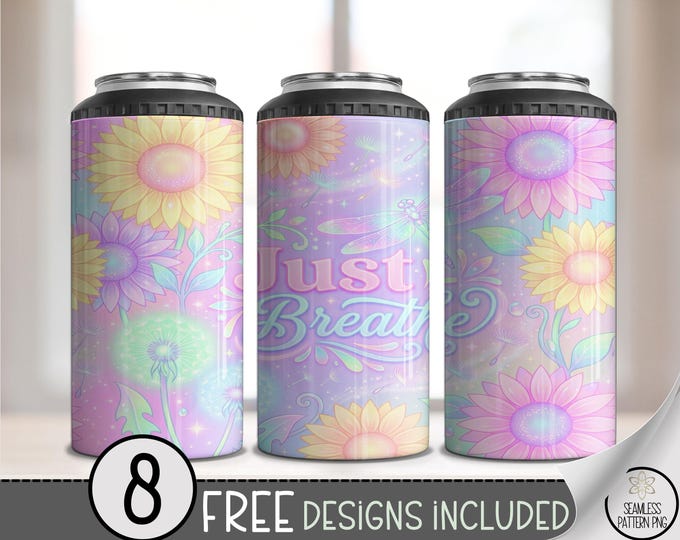 Just Breathe Sunflowers 4in1 Can Cooler Wrap, Floral Sublimation Design, Pastel Soft Theme 16 oz 4-in-1 File, 4 In 1 Can Cooler B10140
