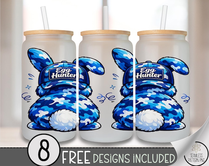 Egg Hunter PNG Easter Bunny Glass Can Wrap, Blue Camo Bunny, Sublimation Design For Guys, B10016