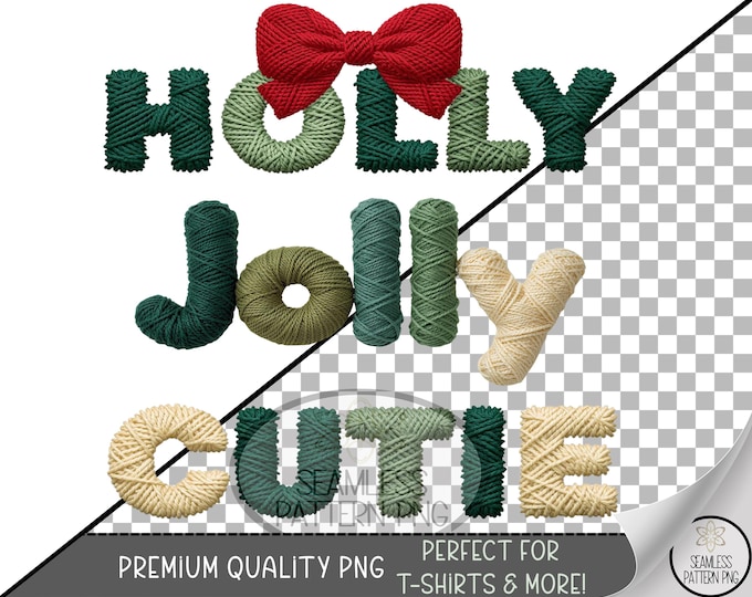 Holly Jolly Cutie Sublimation Design, Christmas UV DTF Graphic, Cute Yarn Clip Art, Typographic Illustration, Digital Download A522