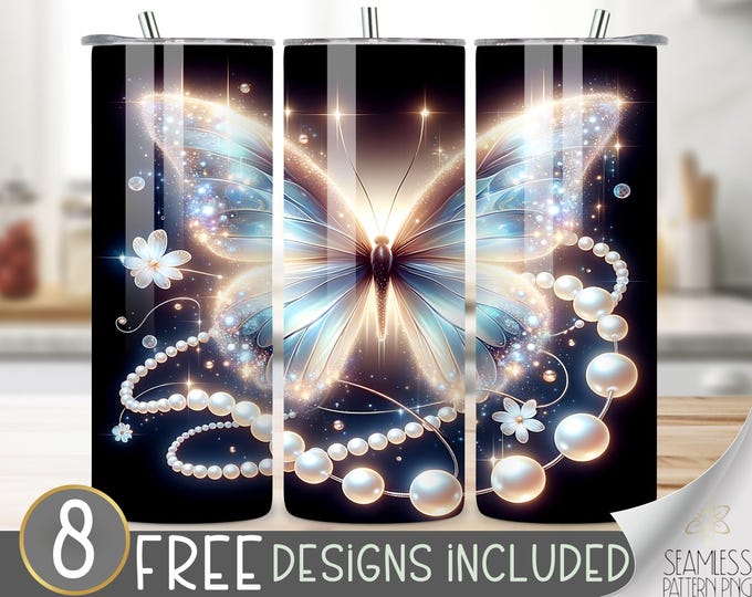 Butterfly Tumbler Sublimation Design, Butterfly PNG Tumbler Wrap, Pearls and Butterfly 20Oz Tumbler Wrap, Instant Digital Download Png