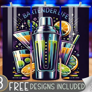 May include: Three stainless steel tumblers with a black background and colorful illustrations of cocktails, lemons, and a cocktail shaker. The text "BARTENDER LIFE" is printed on the tumblers.