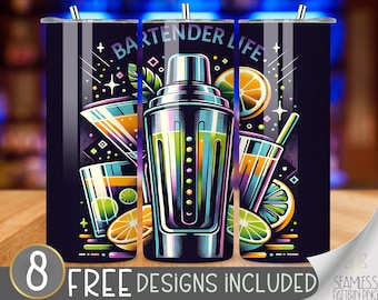 Bartender Tumbler Wrap, Alcohol Tumbler Wrap, Drinking Tumbler Design, Bartender Life Seamless 20oz Skinny Tumbler Wrap, Retro Neon Tumbler