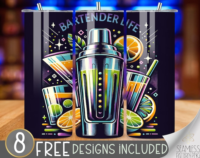 Bartender Tumbler Wrap, Alcohol Tumbler Wrap, Drinking Tumbler Design, Bartender Life Seamless 20oz Skinny Tumbler Wrap, Retro Neon Tumbler