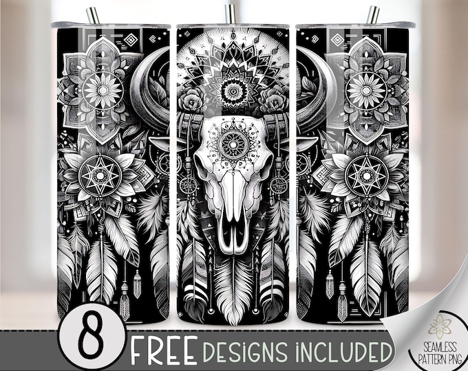 Aztec Cow Skull Tumbler Wrap, Southwest 20oz Skinny Tumbler Sublimation Design, Western Tumbler Wrap File, Seamless Digital Download PNG