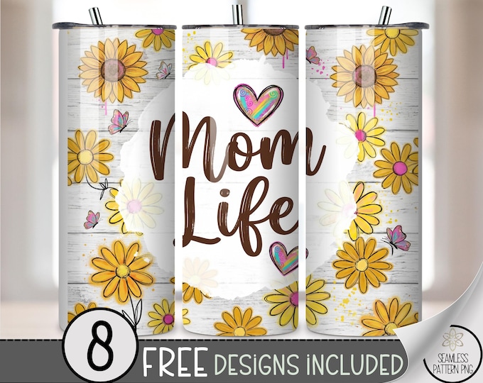 Mother's Day PNG, Mom Life 20 Oz Tumbler Wrap, Sunflower Sublimation Design For Straight Tumblers, Digital Download, B959