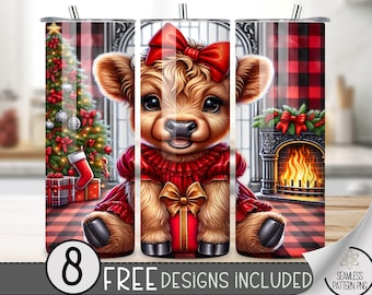 Cute Highland Cow Tumbler Wrap, Xmas 20oz Tumbler Sublimation Design, Christmas Rustic Country Tumbler, Red Buffalo Check Tumbler Wrap