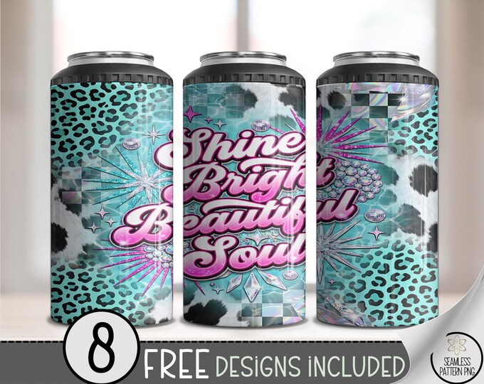 Shine Bright Beautiful Soul 4-in-1 Can Cooler Wrap, Retro-Pop Typography Sublimation Design, Colorful Glam 16 oz 4-in-1 File, B10143