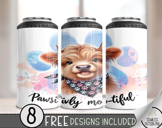 Funny Highland Cow 4in1 Can Cooler Wrap, Paw Mootiful Sublimation Design, Dog 16 Oz Slim, Cute 4 in 1 Tumbler PNG, Silly 16 Oz Can Cooler