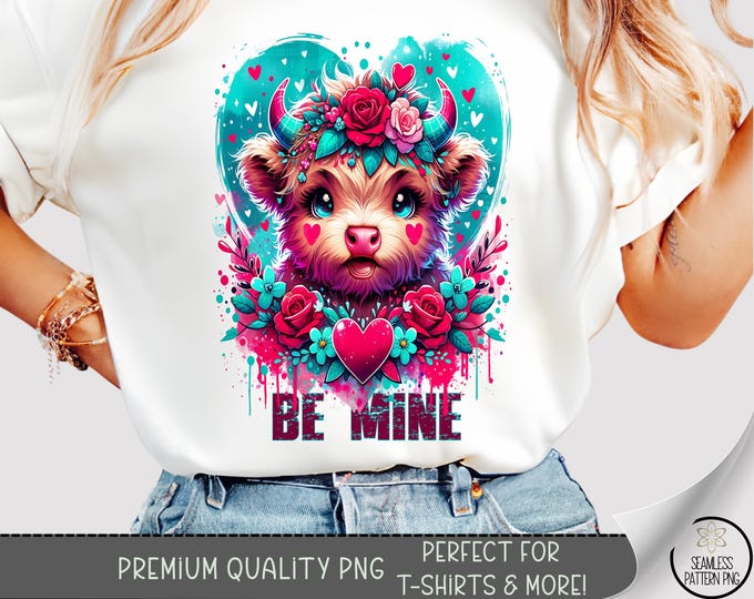 Be Mine T-shirt PNG, Cute Floral Sublimation Design, Highland Cow DTF Shirt Graphic, Vday TShirt File Digital Download A651