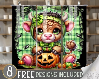 Halloween Highland Cow Tumbler Design, Cute Monster 20Oz Skinny Tumbler Wrap PNG, Cute Highland Cow Tumbler Sublimation Design, Cute Scary